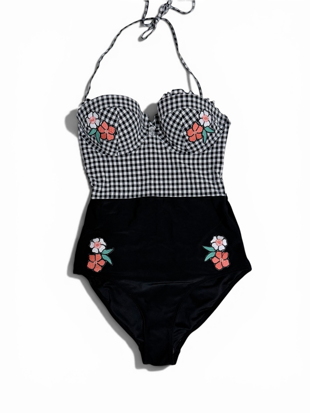 NWOT Topshop Retro Gingham Floral Embroidered One Piece Swimsuit Size 6